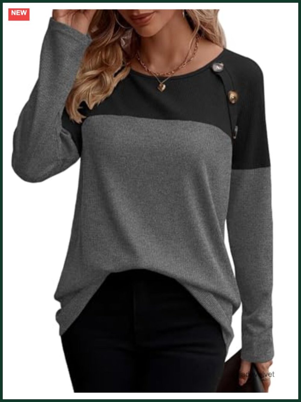 Waffle Knit Long Sleeve Tunic Tee Button Detail Casual Top